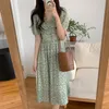 Summer Korean Chic Fashion Green Florla Printed Puff Sleeve Women Dress Vintage Holiday Boho Beach Long Elegant Party Robe 210514