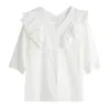 Coreano con scollo a V Estate Elegante Camisas Mujer Splicing Camicette con bottoni arruffati Camicia Donna Abbigliamento donna blusas 58A 210420
