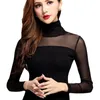 Women Mesh Elastic Blouse Shirt Autumn Winter Casual Tops and Blouses Turtleneck Long Sleeve Slim Plus Size Sexy Stretch 220315