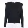 Viifaa camiseta de algodón negro con hombrera mujer otoño camisetas de manga larga o-cuello elegante oficina señoras tops 210330