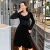 Kvinnors höstklänning Fransk bas långärmad kvadratisk nacke Sequined Hepburn Little Black ES PL277 210506