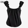 Borda de orelha de madeira plissada preta sólida decorada fora do ombro cintura alta suspensórios de verão roupas para as mulheres gx634 210421