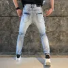 Jeans pour hommes High Street Tide Brand Big Damage Hole Homme Slim Fit Patch Imprimé Léopard Utilisé Lavé Petit Pied Jeans Occasionnels