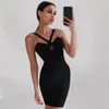 Verano mujer negro Spaghetti Strap Wrap vendaje vestido Sexy sin mangas Mini celebridad noche pasarela vestidos de fiesta 210423