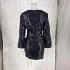 Casual Dresses 2022 Sequin Dress Black Long Sleeve Winter Christmas V Neck Mini Club Vestidos Celebrity Party Good Quality Wholesale