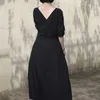 Femmes robe été bohème rétro lin es solide col rond Banquet noir coton élégant Vintage femmes 210623