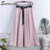 SURMIITRO Gonne midi estive in cotone Donna Stile coreano Rosa Estetica Vita alta Gonna a linea media di media lunghezza Donna con cintura 210712