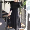 Asapgot Autumn Winter Temperament Ruffled Lace Up High-waist Pleated Knitted Dress Women Bandage Solid Loose Casual Retro 210429