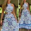 2021 dress long summer beach dress suit feminine halter neck halter retro print sleeveless new beach sun skirt suit Y1006