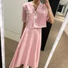 Chic Sweet V Neck Two Button Short Sleeve Coat High Waist Big Swing Pleated Skirts Fashion Matching Sets Dress Blue Pink Elegant 210610