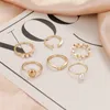 6pcs/set Vintage Gold Oval Metal Ball Rings for Women Fashion Pearl Wave Geometric Leaf Open Rings Bohemian Jewelry Accessories