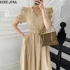 Korjpaa Kvinnor Jumpsuits Sommar Koreanska Chic Elegant Temperament V-Neck Tie Waist Slimming Puff Sleeve Wide-Ben Byxor 210526