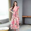 Elegancki Różowy Kwiatowy Szyfonowy Midi Suknie Wiosna Lato 4XL Plus Rozmiar Runda Maxi Dress Kobiety Bodycon Party Vestidos 210331