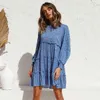 Jastie Spring Summer Women Dress O Neck Z Długim Rękawem Kwiatowy Drukowane Suknie Ruffle Hem Casual Beach Boho Seaside Kobiet Vestidos 210419