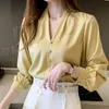 한국어 실크 여성 블라우스 V 넥 새틴 블라우스 여성 긴 소매 셔츠 숙녀 탑 플러스 크기 노란색 셔츠 XXL 210604