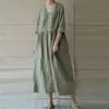 Johnature Simple Fashion V-Neck Kieszonkowy trzy czwarte rękaw Bawełniane sukienki lniane Lato Wygodne 3 Kolor Kobiety Dress 210521