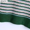 Zevity Kobiety Vintage Kolor Dopasowywanie Paski Szydełkowe Knitting Sweter Panie Krótki Rękaw Diament Przycisk Swetry Topy SW829 210603