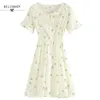 Summer Arrival Pure Cotton Shivering Nipped Waist and Fresh Dress Women O-neck Flare Sleeve Floral Printed Dresses 210520