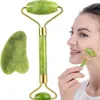 2in1 Set Yeşil Doğal Yeşim Rulo Guasha GUA SHA Kazıyıcı Araçları Sanat ve El Sanatları Taş Yüz Masaj Aracı Anti-aging Yüz Masage Hediye Seti