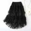 Surmitro Fashion Summer Midi Długie Tulle Plisowane Spódnica Kobiety Koreański Styl Ruffles Średniej długości Wysoka talia Linia Spódnica Kobieta 210712