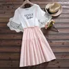 Preppy Style Summer Women Cute Dress Lettera Patchwork Manica corta Femininos Abiti Cotone Lino Casual Allentato 210520