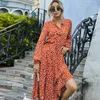 Uzun Elbise Sonbahar Moda Kadın Giysileri Rahat Vintage Baskı Elbise Uzun Kollu Bir Hattı İmparatorluğu Ince Stand-Boyun Elbise Kadın 210415