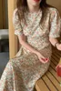 Verano coreano chic temperamento suave triturado cuello redondo correas cintura manga larga burbuja vestido estampado 210526