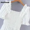 Söta vita ruffles mini kvinnor en linje stretch byst elegant klänning kvinnlig kortärmad chic sommar klänningar robe 210413
