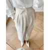 Mulheres brancas calças primavera verão sólido alta cintura minimalista moda feminina botões tornozelo calças 210608