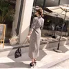 Winter Runway Designer Kobiety Vintage Notched Collar Wrap Gray Plaid Maxi Coat Dwurested Długi Trench Coat Outwear 210514