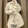 TRAF Women Fashion with riem knop-up losse blouses vintage lange mouw zakken vrouwelijke shirts Blusas chique tops 210415