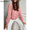 Bornladies Casual V-neck Knitted Loose Cardigan Women Buttons Lantern Sleeve Sweaters Female Basic White Autumn Winter Tops 210917