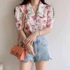 Été Coréen Floral Blouses Tops Chemise brodée à manches courtes de revers Blusas Button Up Harajuku Mujer 13793 210521