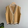 Women's Vests Women's Chic Contrast Color Side Vents Knitted V-neck Single Breasted Women 2022 Spring Loose Casual Sleveless Cardgians