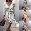 Casual Dresses Summer Women's Fashion Style Dress Chiffon V-hals Rem Solid Color Sleeve Clothing2021
