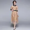 summer Elegant women half Sleeve Mesh Dress Flower Embroidery Stitching Lace High Waist 210531