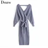 Casual Sexy Sweater Long Dress Women Elegant Batwing Sleeve Sashes Party Side Split Backless Solid es Vestidos 210515