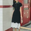 Women Black White Patchwork Turn Down Collar Button Short Sleeve Fit And Flare Midi Dress Elegant Vintage D1040 210514