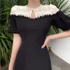高品質のhepburn黒と白のパッチワークレース長い夏のドレス女性PuffのスリーブビンテージパーティーVestidos 210514