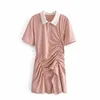 Fashion Women Polo Collar Draw String Dress Short Sleeve Chic Ladies Summer Mini Vestidos 210531