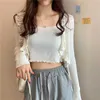Womens Cardigan S Sets Camisola De Malha Roupa Coreana Lace Up Cardigans Fino Slim Crop Tops Pulôver 210922