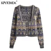 KPYTOMOA KVINNA FASHION JACQUARD BEGRÄNSADE STUTSKADE CARDIGAN SWAATE VINTAGE Långärmad Knappkvinnor OuterWear Chic Toppar 210917