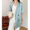 Damenanzüge, Blazer, modisch, lässig, locker, gekerbt, Sommer, kurzärmelig, für dünne Essigsäure-Satin-blaue Damen