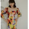 Elegante Lady S Vierkante Collra Vintage Midi Jurk Floral Print Long Puff Sleeve Bodycon Women High Fashion 210421