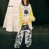 Qian Han Zi Designer Runway Fashion Tweedelige Set Dames lange mouw Veer Top / Blouse + Vintage Patroon Print Lange Broek Suit 211105