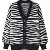 Designer Thick Sweater Cardigan Women Fashion V-neck Casual Sweater Autumn Winter Female Zebra Pattern Loose Knit Cardigan