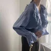 Ruffled V-Neck Lace Shirt Kvinnor Koreanska Söt Långärmad Tops And Blouse Office Lady Style Flare Top Kvinna 13976 210427