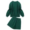 Casual Harajuku Groen 2-delige Sportkleding Unisex Lange mouwen Pullover en Shorts Dames Jumpsuit 210527