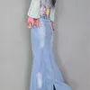 Big Fish Tail Denim Jupe Femmes Sirène Stretchy Bleu Clair Longue Longueur Au Sol Trompette Empire Taille Haute Slit Jeans J97397 210421