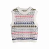 Spring Women Knitted Argyle Tops Hollow Out Sleeveless O-Neck Sweater Vest Chic Lady Fashion Casual Clothes 210517